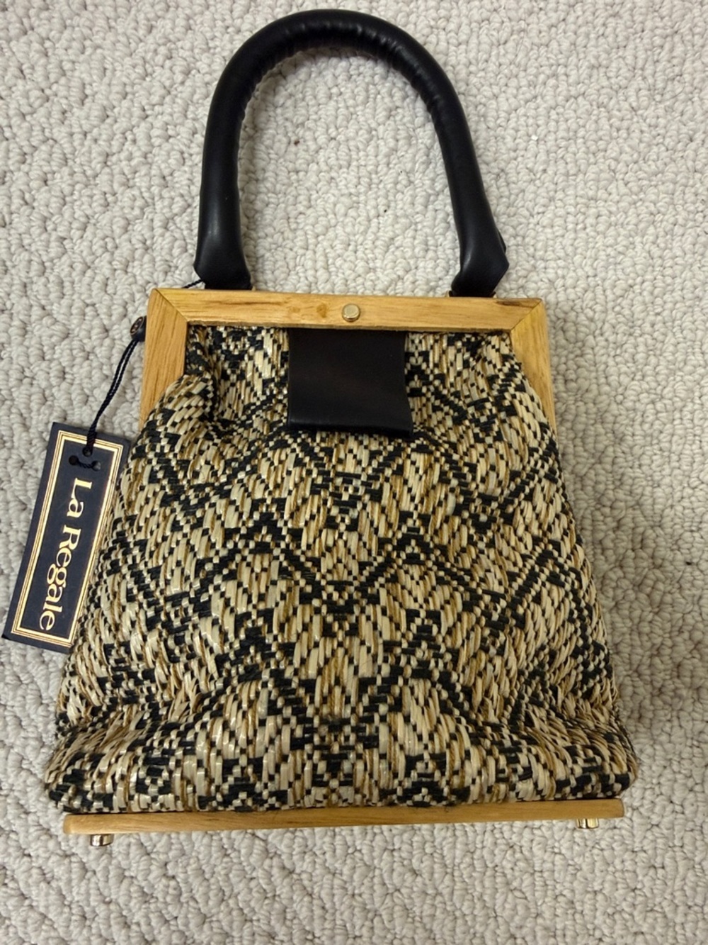 La Regale Black and Gold Woven Wooden-Trim Handbag